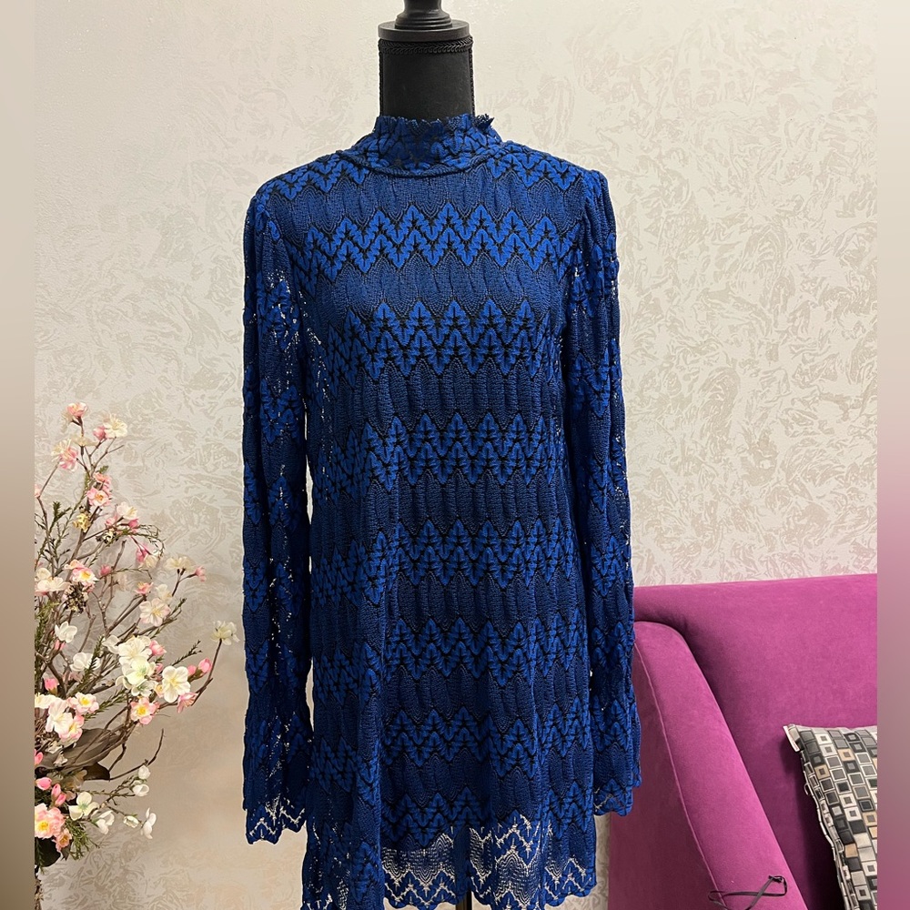 Free People Blue Lace Simone Long Sleeve Mini Dress - Picture 3 of 10